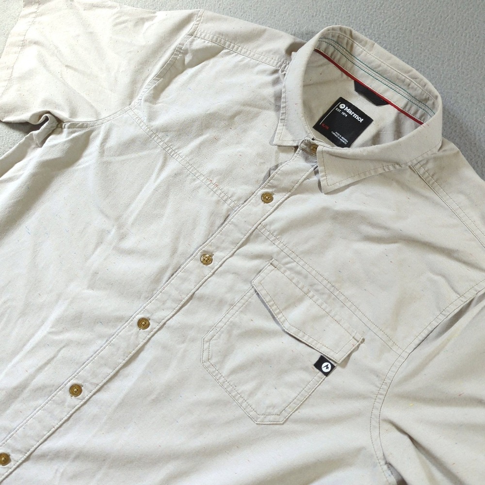 Marmot Tumalo Shirt Mens XL Beige Light Khaki Speckle Short Sleeve Outdoor